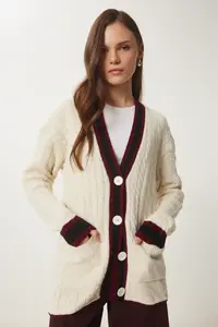 Happiness İstanbul Women's Cream Contrast Color Knitted Knitwear Cardigan - Image 3