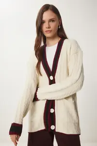 Happiness İstanbul Women's Cream Contrast Color Knitted Knitwear Cardigan - Image 4