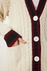 Happiness İstanbul Women's Cream Contrast Color Knitted Knitwear Cardigan - Image 5
