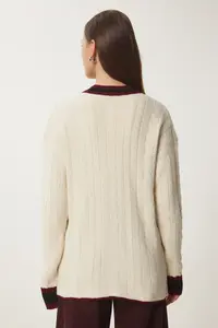 Happiness İstanbul Women's Cream Contrast Color Knitted Knitwear Cardigan - Image 6