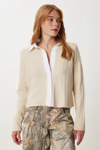 Happiness İstanbul Women's Cream Shirt Collar Contrast Knitwear Cardigan - Image 2
