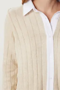 Happiness İstanbul Women's Cream Shirt Collar Contrast Knitwear Cardigan - Image 3