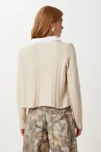 Happiness İstanbul Women's Cream Shirt Collar Contrast Knitwear Cardigan - Image 4