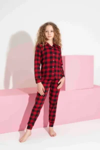 Tarık Girls' Youth and Children's Square Pattern Long Sleeve Milan Fabric Front Buttoned Seasonal Pajama Set - Image 2