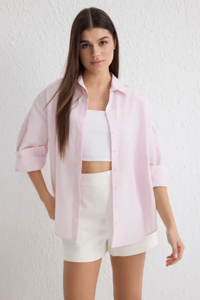 TRENDYOLMİLLA Light Pink Basic Striped Oversized Wide Pattern Weaving Shirt