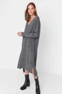 TRENDYOLMİLLA Anthracite Maxi Knitwear Wide Pattern Dress - Image 2