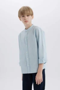 DeFacto Stand Collar Linen Look Long Sleeve Basic Plain Shirt for Boy - Image 4