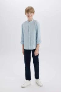 DeFacto Stand Collar Linen Look Long Sleeve Basic Plain Shirt for Boy - Image 5