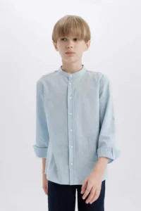 DeFacto Stand Collar Linen Look Long Sleeve Basic Plain Shirt for Boy - Image 6