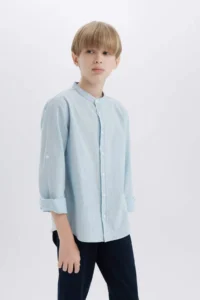 DeFacto Stand Collar Linen Look Long Sleeve Basic Plain Shirt for Boy - Image 7