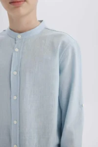 DeFacto Stand Collar Linen Look Long Sleeve Basic Plain Shirt for Boy - Image 8