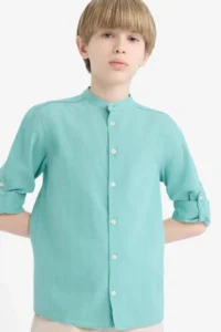 DeFacto Stand-up Collar Linen Look Long Sleeve Shirt for Boys