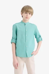 DeFacto Stand-up Collar Linen Look Long Sleeve Shirt for Boys - Image 3