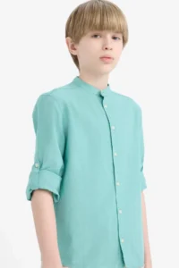 DeFacto Stand-up Collar Linen Look Long Sleeve Shirt for Boys - Image 4