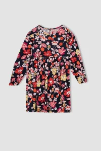 DeFacto Girl's Floral Crew Neck Long Sleeve Combed Cotton Dress Z1237a622wn