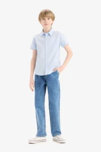 DeFacto Polo Neck Linen Look Basic Plain Short Sleeve Shirt Boy - Image 2