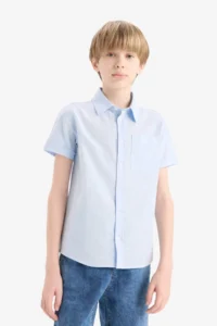 DeFacto Polo Neck Linen Look Basic Plain Short Sleeve Shirt Boy - Image 3