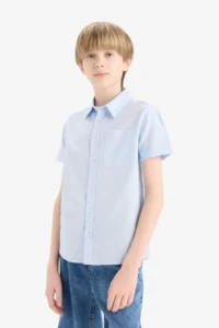 DeFacto Polo Neck Linen Look Basic Plain Short Sleeve Shirt Boy - Image 4