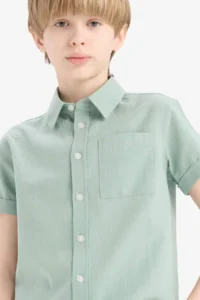 DeFacto Polo Neck Linen Look Basic Plain Short Sleeve Shirt Boy - Image 4