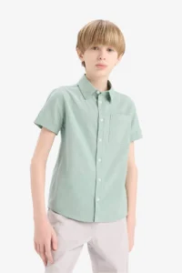 DeFacto Polo Neck Linen Look Basic Plain Short Sleeve Shirt Boy - Image 6