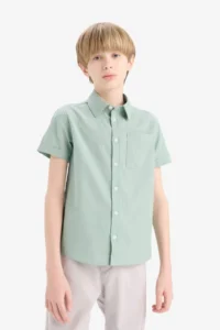 DeFacto Polo Neck Linen Look Basic Plain Short Sleeve Shirt Boy - Image 7