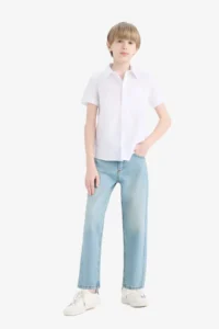 DeFacto Polo Neck Linen Look Basic Plain Short Sleeve Shirt Boy - Image 2