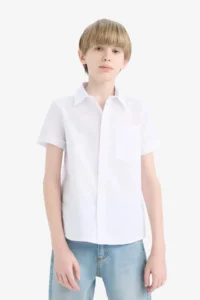 DeFacto Polo Neck Linen Look Basic Plain Short Sleeve Shirt Boy - Image 3