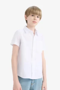 DeFacto Polo Neck Linen Look Basic Plain Short Sleeve Shirt Boy - Image 4