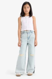 DeFacto Wide Leg Ripped Detailed Wide Leg Jean Trousers for Girls