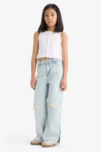 DeFacto Wide Leg Ripped Detailed Wide Leg Jean Trousers for Girls - Image 2