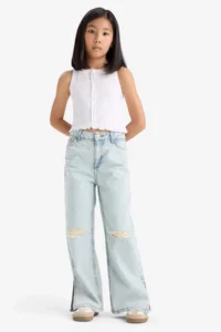 DeFacto Wide Leg Ripped Detailed Wide Leg Jean Trousers for Girls - Image 3