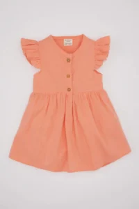 DeFacto Baby Girl Short Sleeve Linen Look Basic Plain Dress