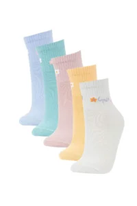 DeFacto Women's Slogan Printed Comfortable Elastic 5-Piece Cotton Socks