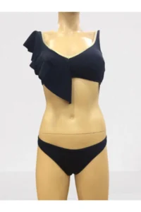 Kom Black Bikini Set with Frilly Gold Piping Detail