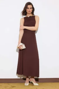 TRENDYOLMİLLA Limited Edition Brown A-Line/Life Boat Neck Shirred LONG Soft Knitting Dress