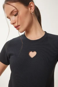 Happiness İstanbul Women's Black Heart Embroidered Corduroy Knitted T-Shirt - Image 2