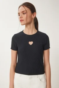 Happiness İstanbul Women's Black Heart Embroidered Corduroy Knitted T-Shirt - Image 3