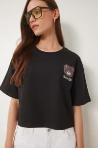 Happiness İstanbul Women's Black Teddy Bear Crest Crop Knitted T-Shirt - Image 3