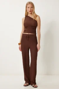 Happiness İstanbul Women's Brown Textured Stretch Blouse Trousers Set