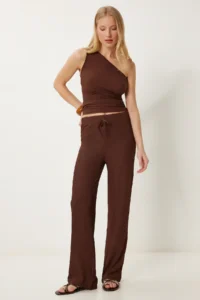 Happiness İstanbul Women's Brown Textured Stretch Blouse Trousers Set - Image 2