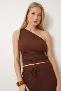 Happiness İstanbul Women's Brown Textured Stretch Blouse Trousers Set - Image 3