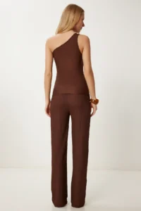 Happiness İstanbul Women's Brown Textured Stretch Blouse Trousers Set - Image 7