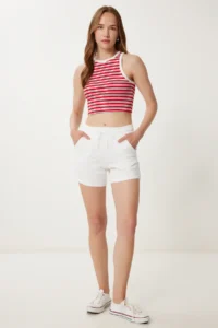 Happiness İstanbul Women Ecru Knitting Tracksuit Shorts - Image 3