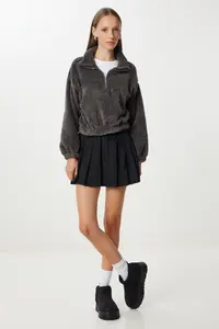 Happiness İstanbul Women anthracite Zippered Plush Sweatshirt - Image 2