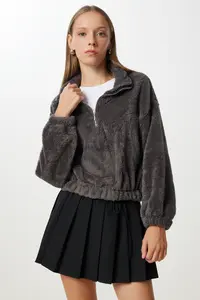 Happiness İstanbul Women anthracite Zippered Plush Sweatshirt - Image 3