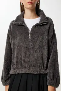 Happiness İstanbul Women anthracite Zippered Plush Sweatshirt - Image 4