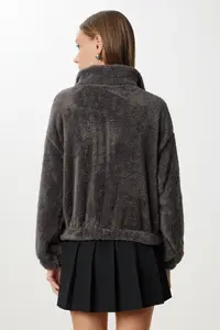 Happiness İstanbul Women anthracite Zippered Plush Sweatshirt - Image 6
