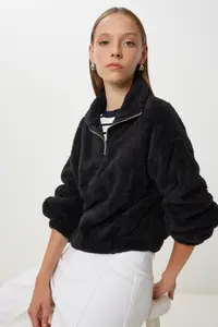 Happiness İstanbul Women Black Zippered Plush Sweatshirt