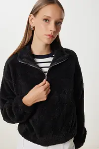 Happiness İstanbul Women Black Zippered Plush Sweatshirt - Image 2