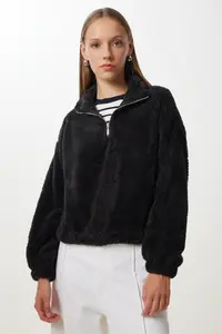 Happiness İstanbul Women Black Zippered Plush Sweatshirt - Image 3
